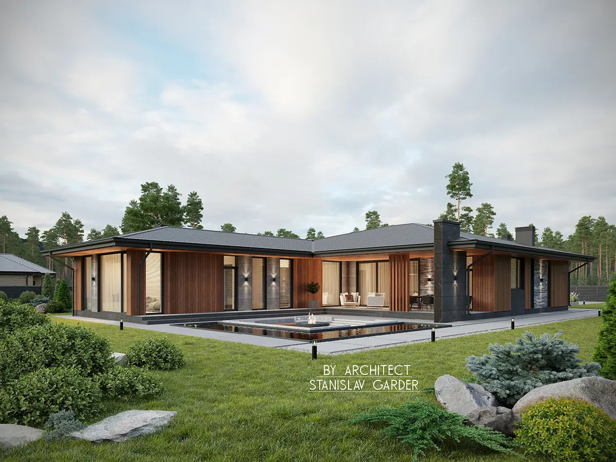 Projekt domu jednorodzinnego o pow. 213 m²: Parterowy, 5 Sypialnie, 3 Łazienki, Otwarta kuchnia