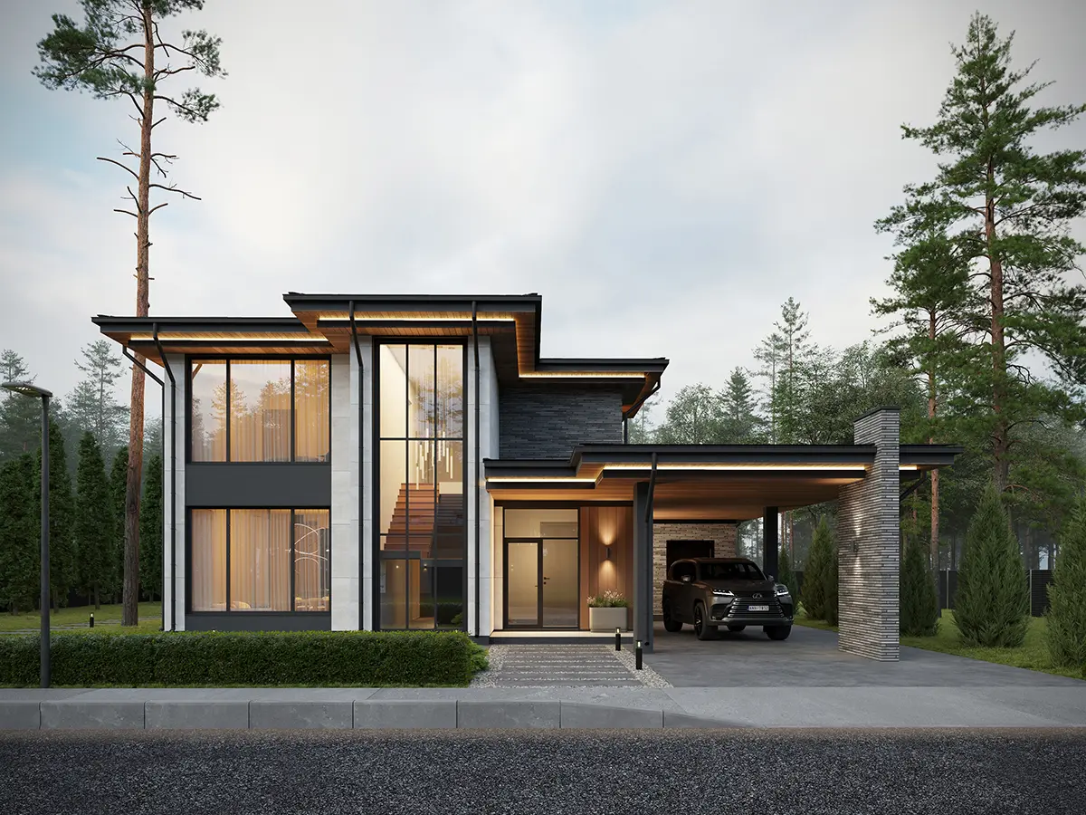 Projekt domu jednorodzinnego o pow. 178 m²: Piętrowy, 4 Sypialnie, 3 Łazienki, Otwarta kuchnia, Wiata