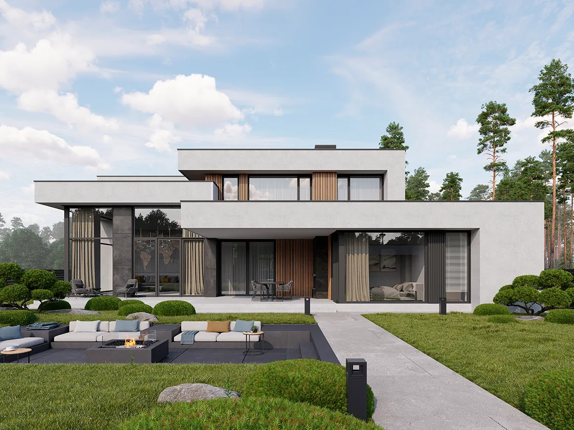 Projekt domu jednorodzinnego o pow. 293 m²: Piętrowy, 4 Sypialnie, 5 Łazienki, Otwarta kuchnia, Wiata
