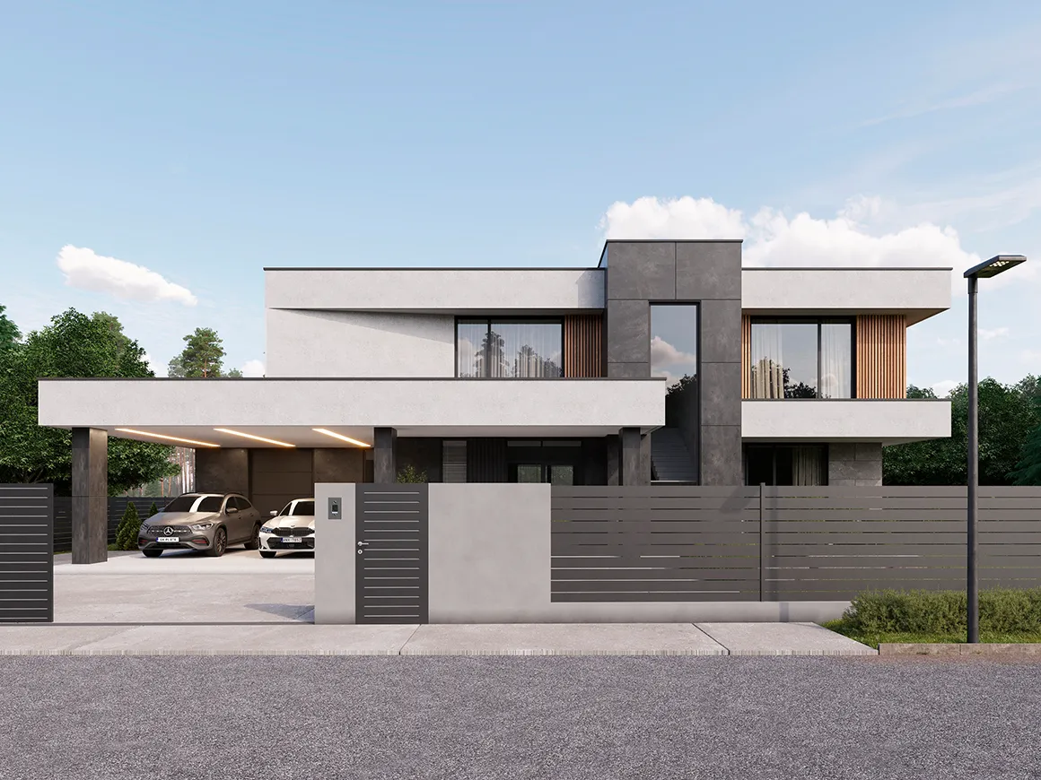 Projekt domu jednorodzinnego o pow. 293 m²: Piętrowy, 4 Sypialnie, 5 Łazienki, Otwarta kuchnia, Wiata