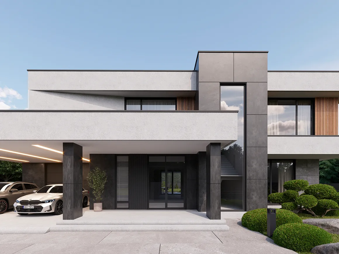 Projekt domu jednorodzinnego o pow. 293 m²: Piętrowy, 4 Sypialnie, 5 Łazienki, Otwarta kuchnia, Wiata
