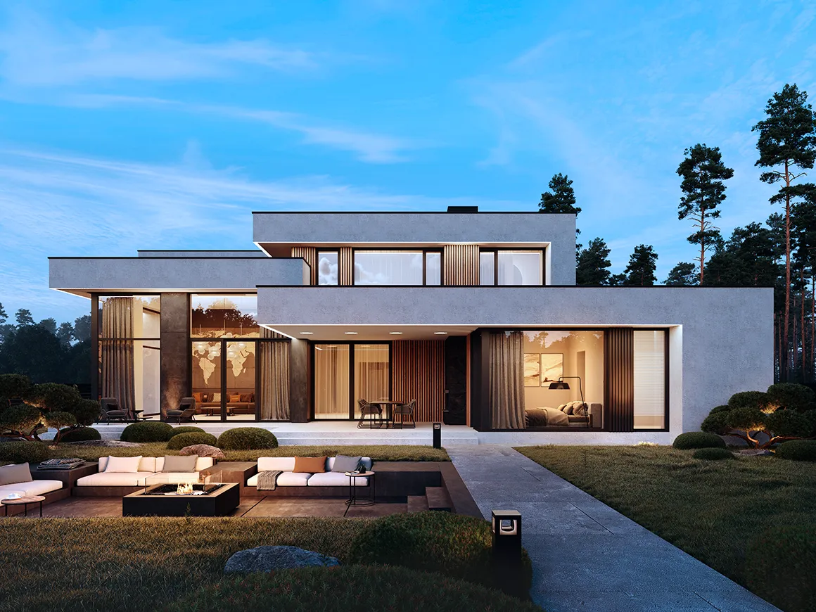 Projekt domu jednorodzinnego o pow. 293 m²: Piętrowy, 4 Sypialnie, 5 Łazienki, Otwarta kuchnia, Wiata