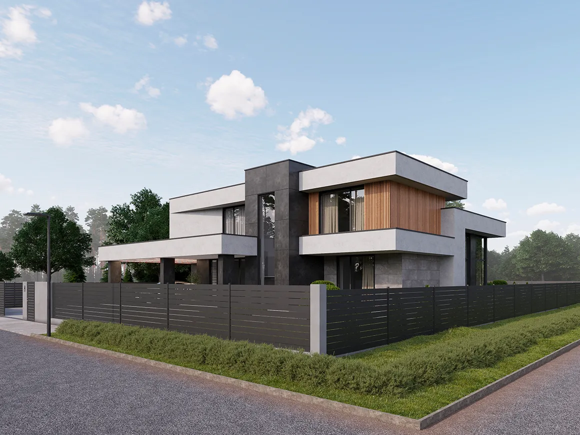 Projekt domu jednorodzinnego o pow. 293 m²: Piętrowy, 4 Sypialnie, 5 Łazienki, Otwarta kuchnia, Wiata
