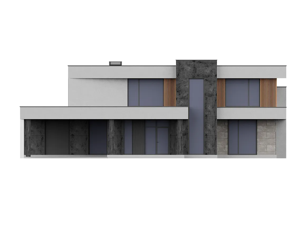 Projekt domu jednorodzinnego o pow. 293 m²: Piętrowy, 4 Sypialnie, 5 Łazienki, Otwarta kuchnia, Wiata
