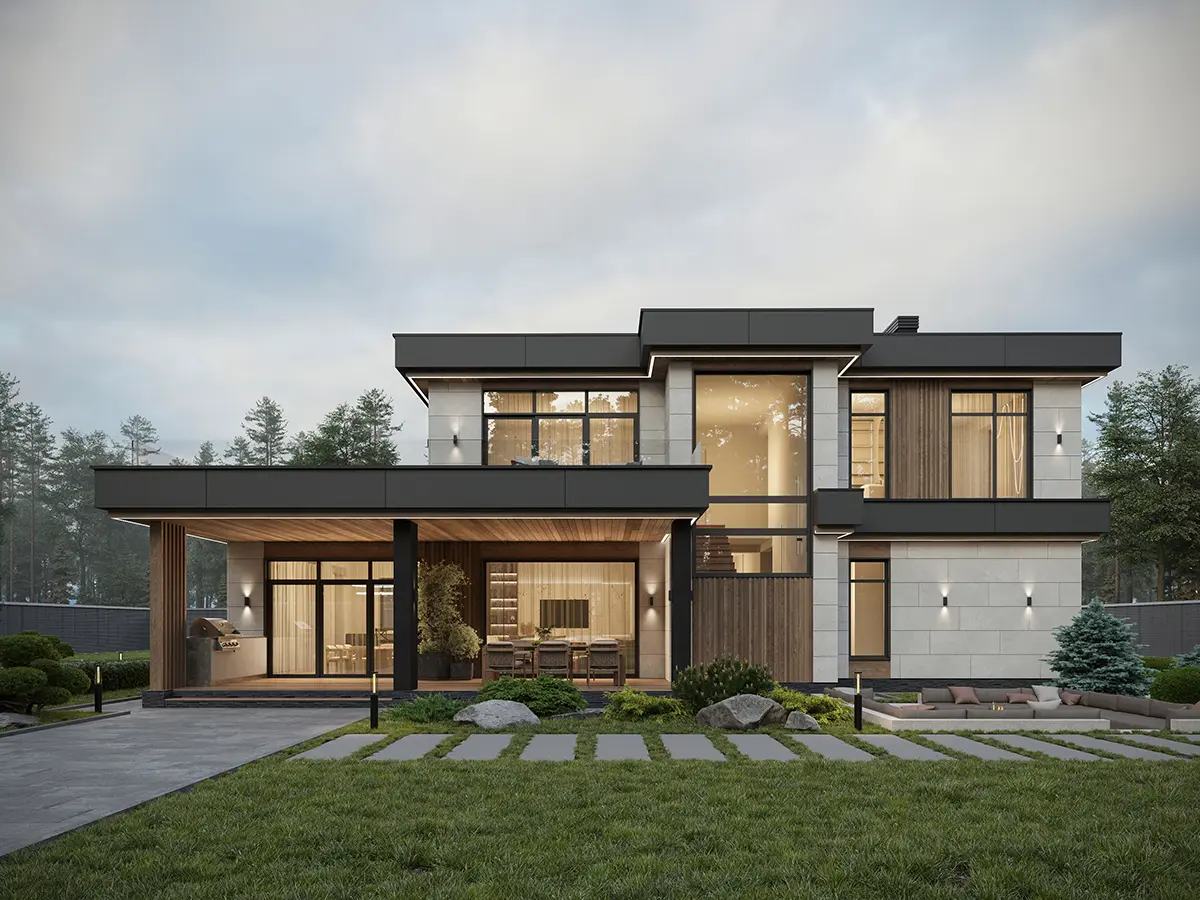 Projekt domu jednorodzinnego o pow. 227 m²: Piętrowy, 4 Sypialnie, Gabinet, 3 Łazienki, Otwarta kuchnia, Wiata