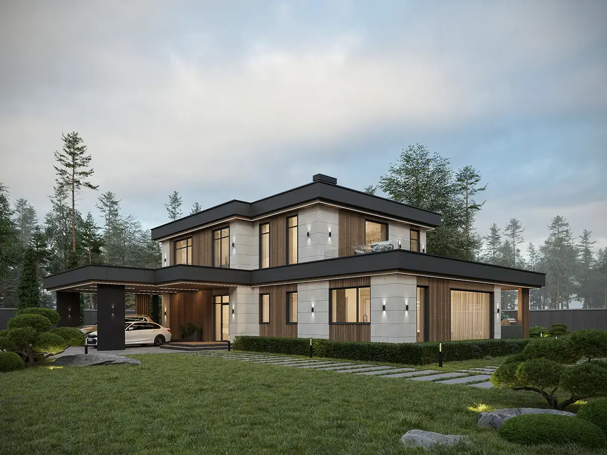 Projekt domu jednorodzinnego o pow. 227 m²: Piętrowy, 4 Sypialnie, Gabinet, 3 Łazienki, Otwarta kuchnia, Wiata