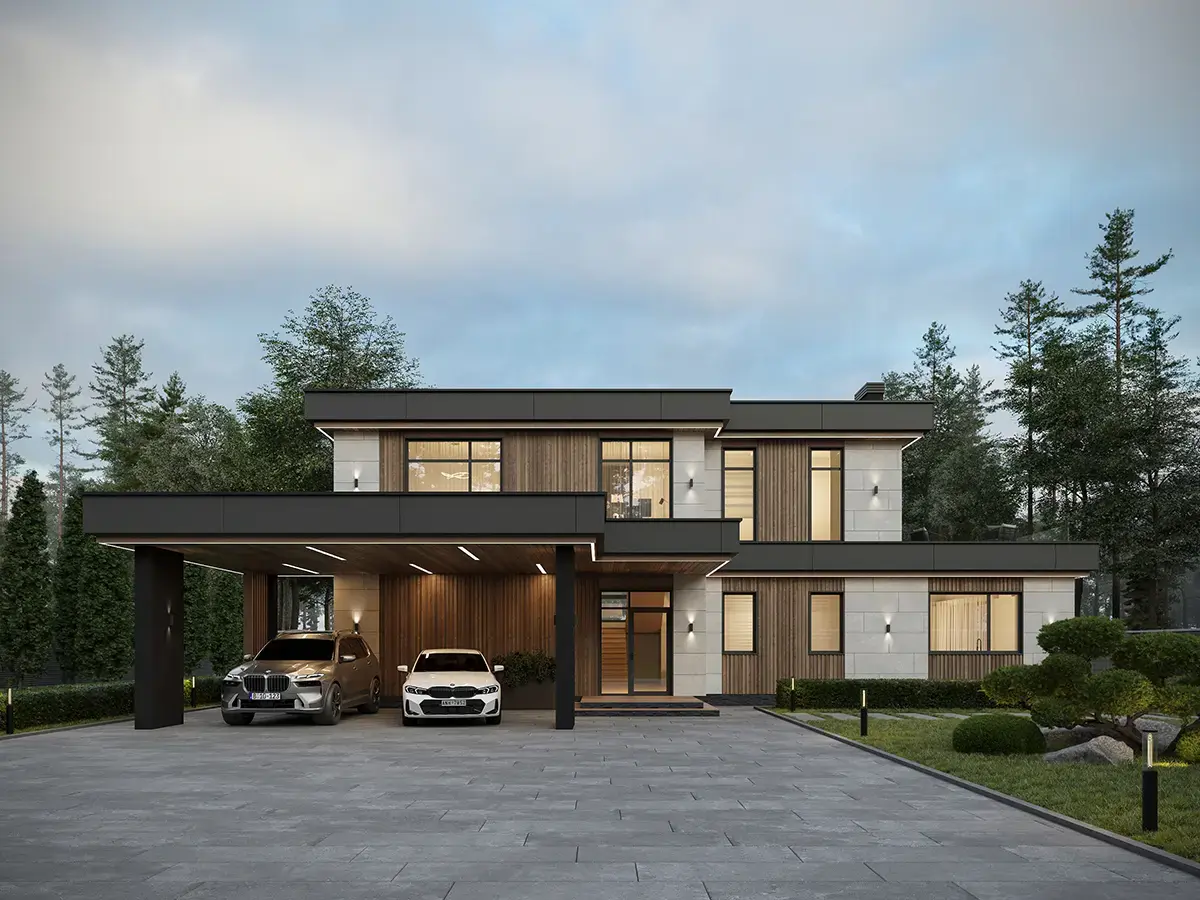 Projekt domu jednorodzinnego o pow. 227 m²: Piętrowy, 4 Sypialnie, Gabinet, 3 Łazienki, Otwarta kuchnia, Wiata