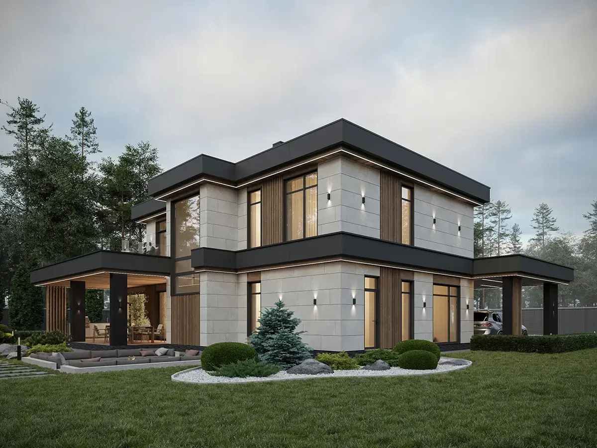 Projekt domu jednorodzinnego o pow. 227 m²: Piętrowy, 4 Sypialnie, Gabinet, 3 Łazienki, Otwarta kuchnia, Wiata