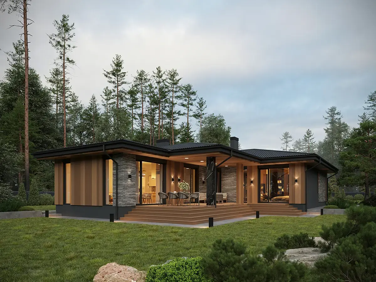 Projekt domu jednorodzinnego o pow. 160 m²: Parterowy, 3 Sypialnie, 3 Łazienki, Otwarta kuchnia, Wiata