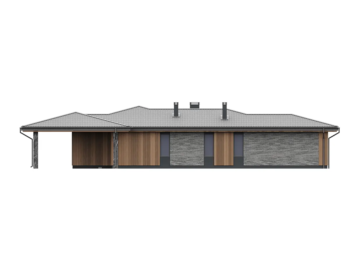 Projekt domu jednorodzinnego o pow. 160 m²: Parterowy, 3 Sypialnie, 3 Łazienki, Otwarta kuchnia, Wiata