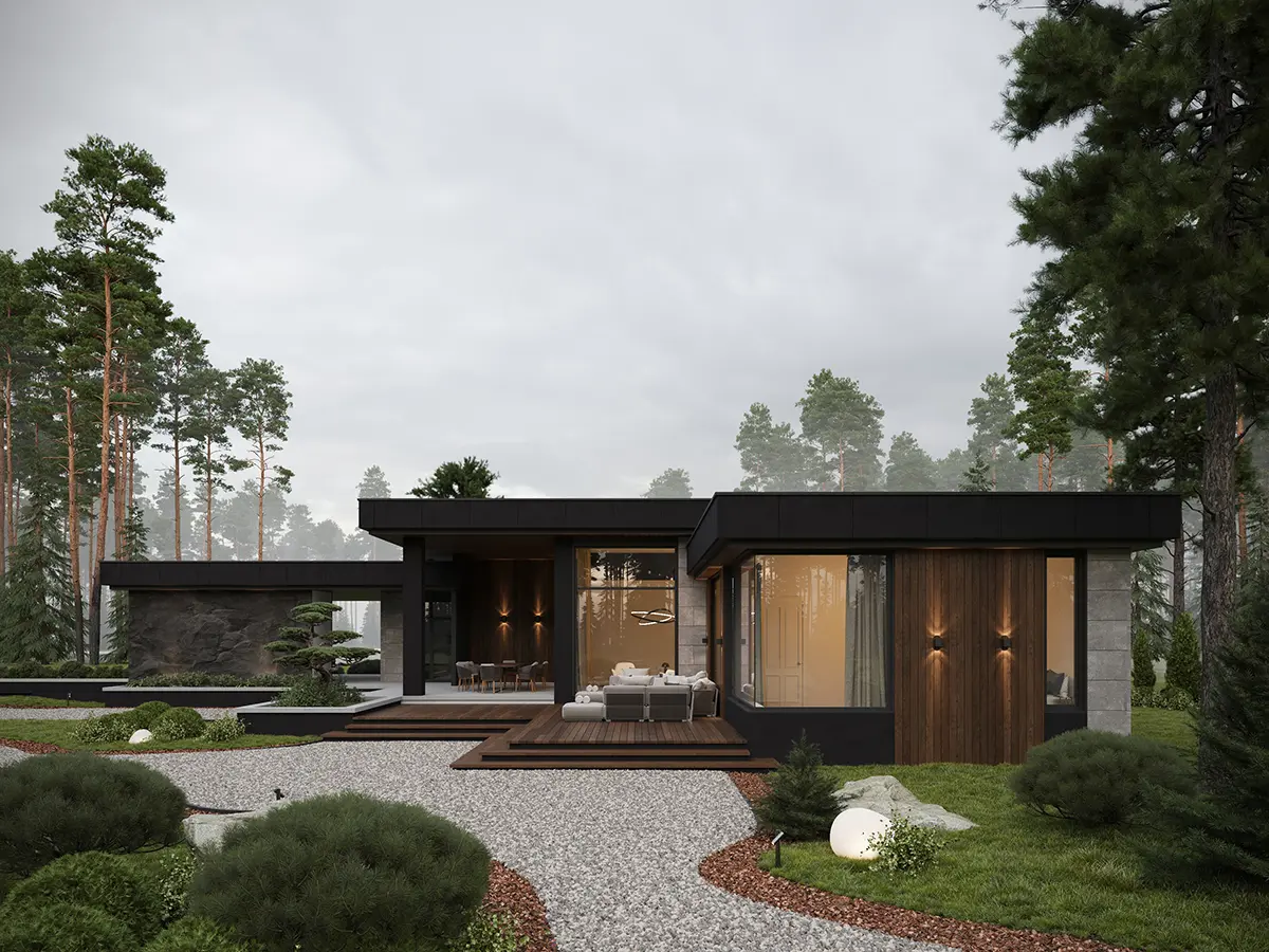 Projekt domu jednorodzinnego o pow. 206 m²: Parterowy, 2 Sypialnie, Gabinet, 3 Łazienki, Otwarta kuchnia, Wiata