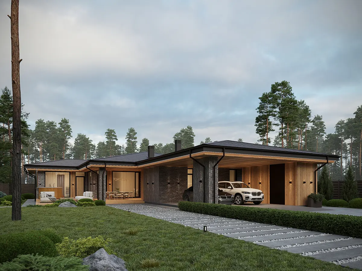 Projekt domu jednorodzinnego o pow. 172 m²: Parterowy, 3 Sypialnie, 2 Łazienki, Otwarta kuchnia, Wiata