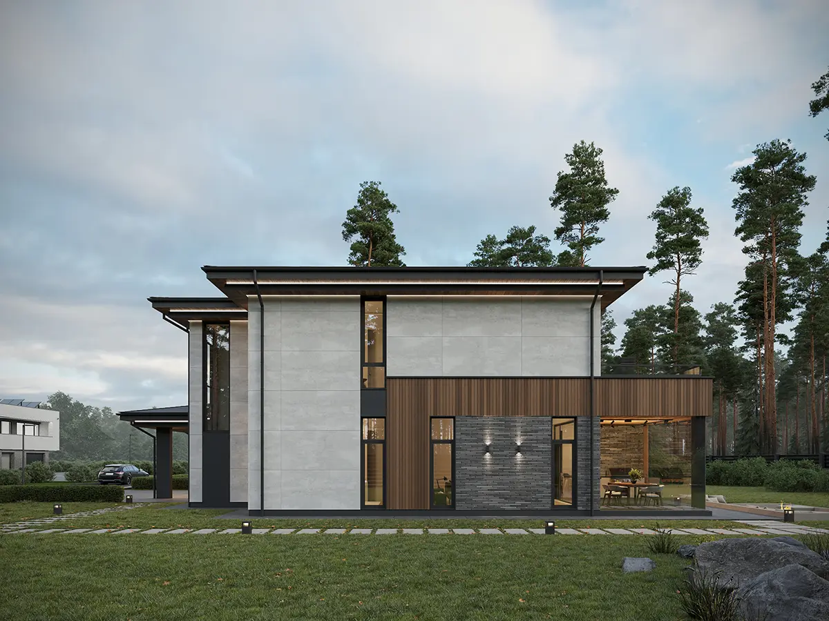 Projekt domu jednorodzinnego o pow. 201 m²: Piętrowy, 4 Sypialnie, 3 Łazienki, Otwarta kuchnia, Wiata