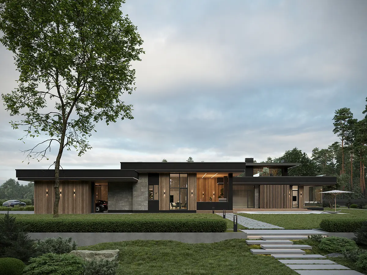 Projekt domu jednorodzinnego o pow. 247 m²: Parterowy, 4 Sypialnie, 4 Łazienki, Otwarta kuchnia, Wiata