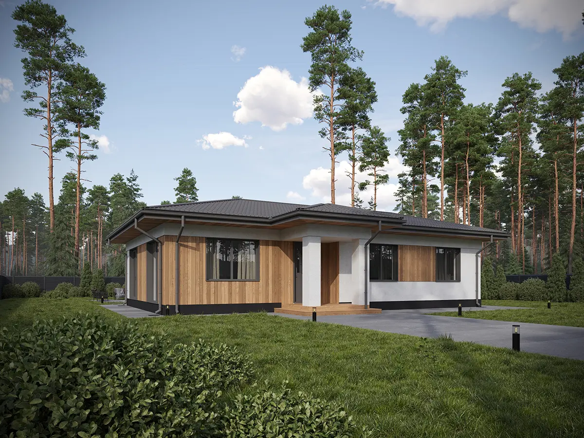 Projekt domu jednorodzinnego o pow. 97 m²: Parterowy, 3 Sypialnie, 2 Łazienki, Otwarta kuchnia