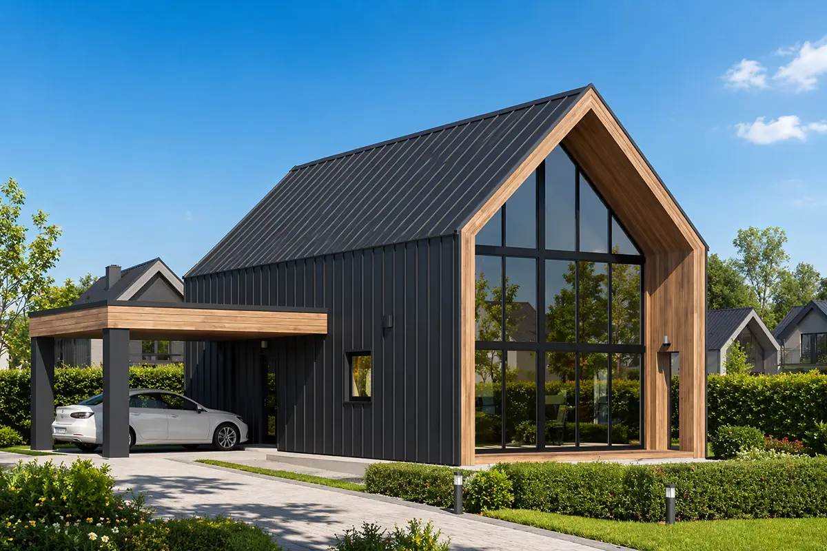 Projekt domu jednorodzinnego o pow. 136 m²: z poddaszem użytkowym, 3 Sypialnie, 4 Łazienki, Wiata