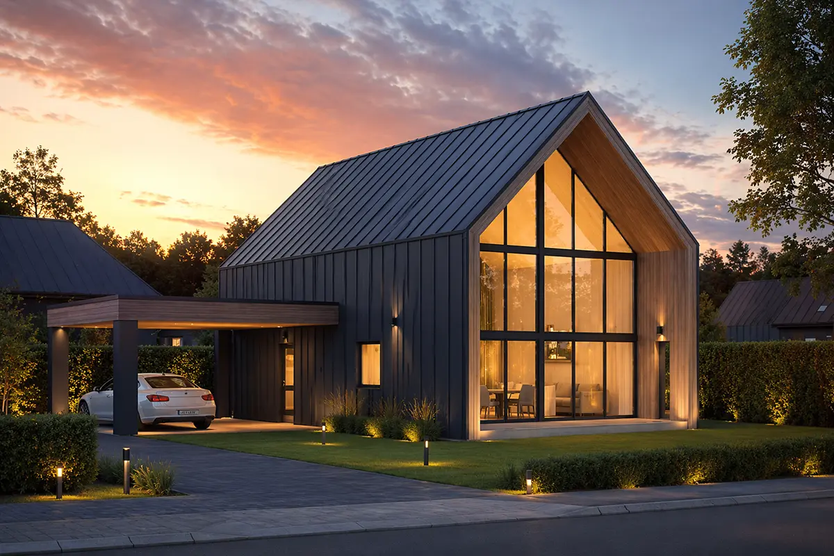 Projekt domu jednorodzinnego o pow. 136 m²: z poddaszem użytkowym, 3 Sypialnie, 4 Łazienki, Wiata