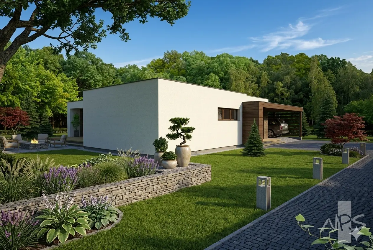 Projekt domu jednorodzinnego o pow. 60 m²: Parterowy, 3 Sypialnie, 2 Łazienki, Wiata