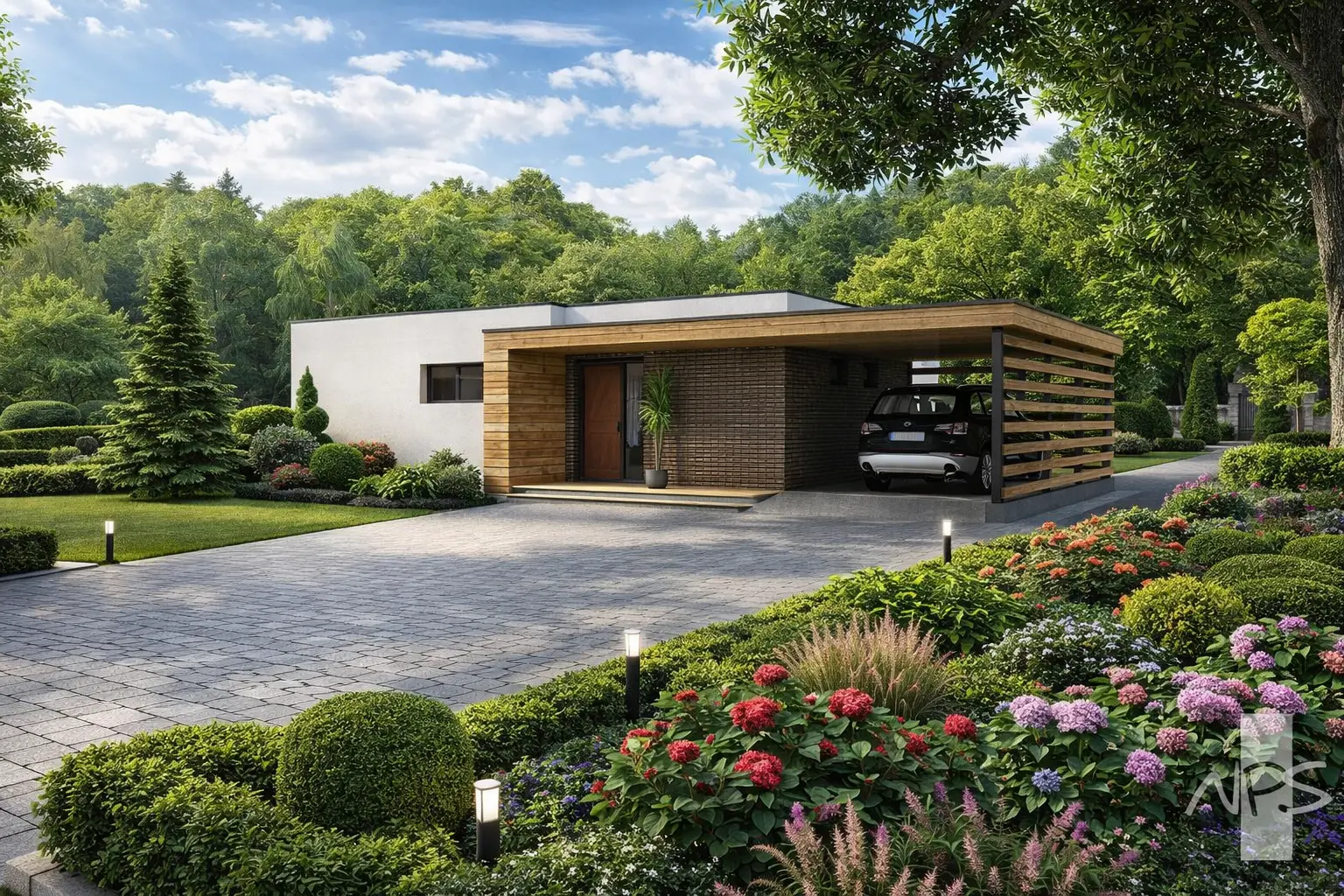 Projekt domu jednorodzinnego o pow. 60 m²: Parterowy, 3 Sypialnie, 2 Łazienki, Wiata