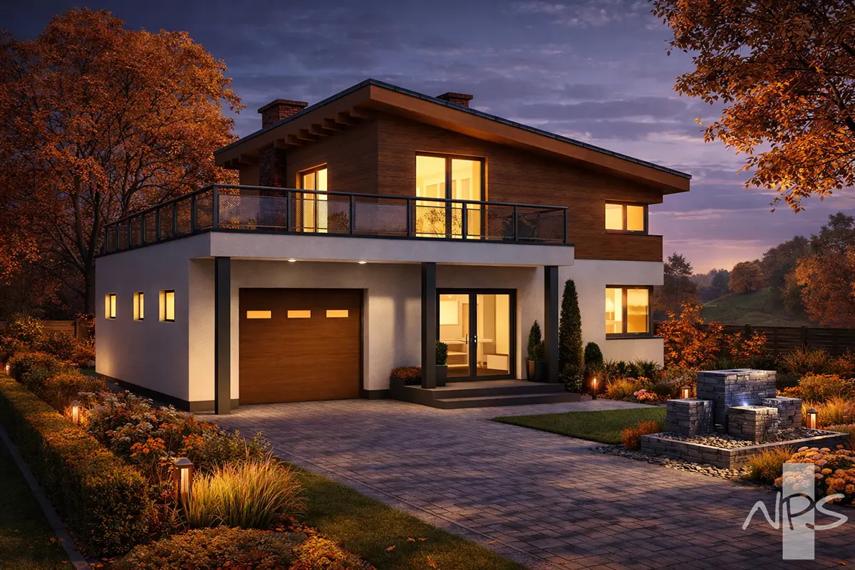 Projekt domu jednorodzinnego o pow. 116 m²: Piętrowy, 2 Sypialnie, 2 Łazienki, Garaż