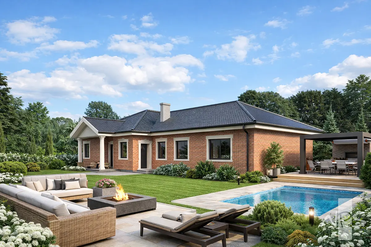 Projekt domu jednorodzinnego o pow. 143 m²: Parterowy, 3 Sypialnie, 2 Łazienki, Otwarta kuchnia