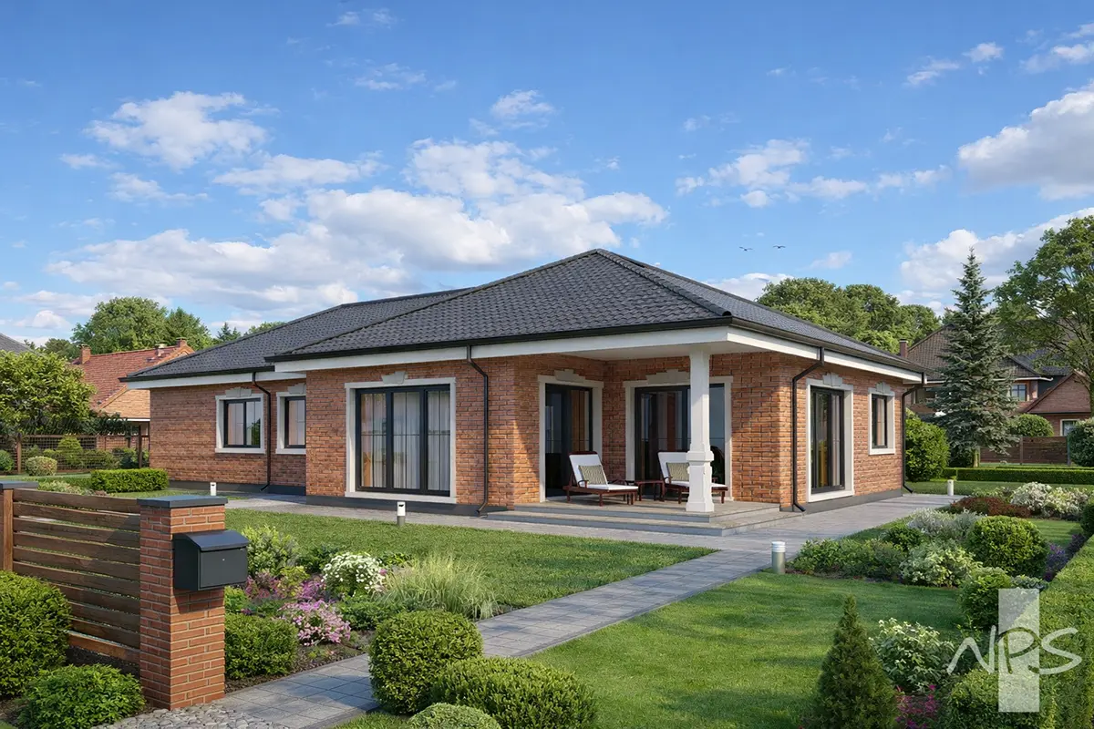 Projekt domu jednorodzinnego o pow. 143 m²: Parterowy, 3 Sypialnie, 2 Łazienki, Otwarta kuchnia