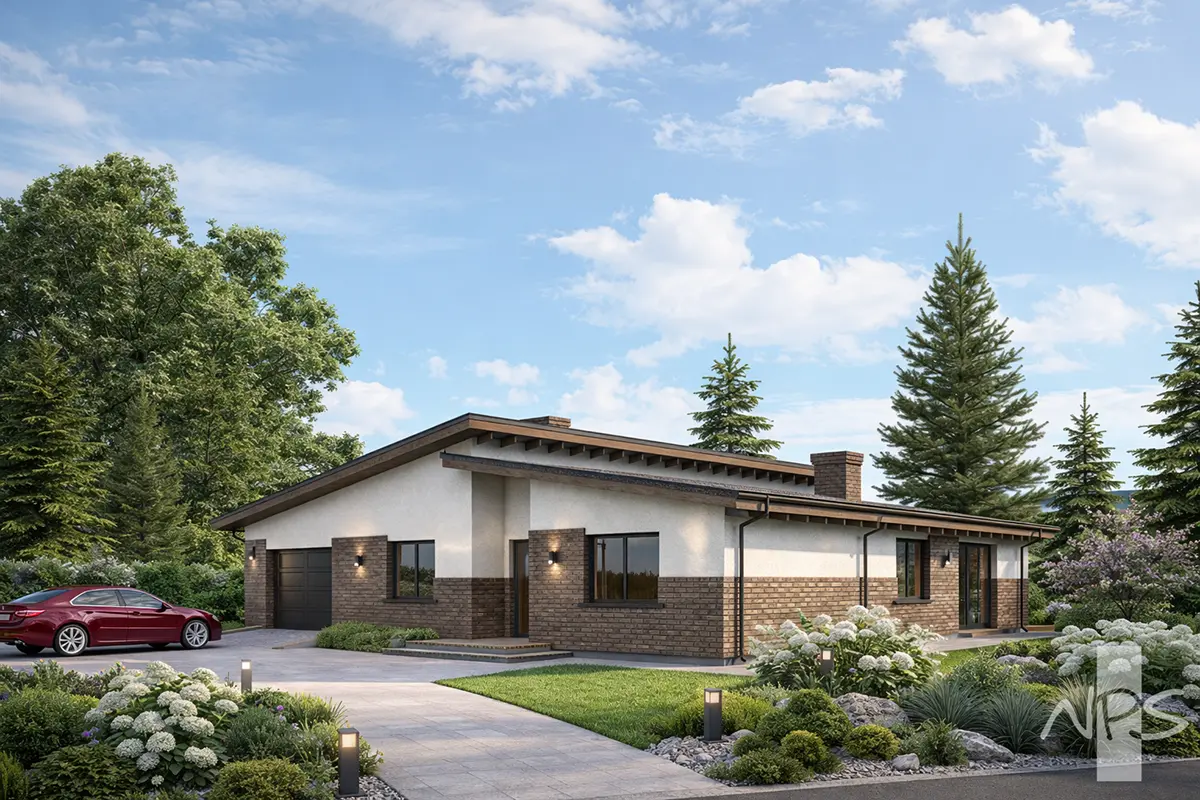 Projekt domu jednorodzinnego o pow. 157 m²: Parterowy, 3 Sypialnie, 1 Łazienki, Garaż