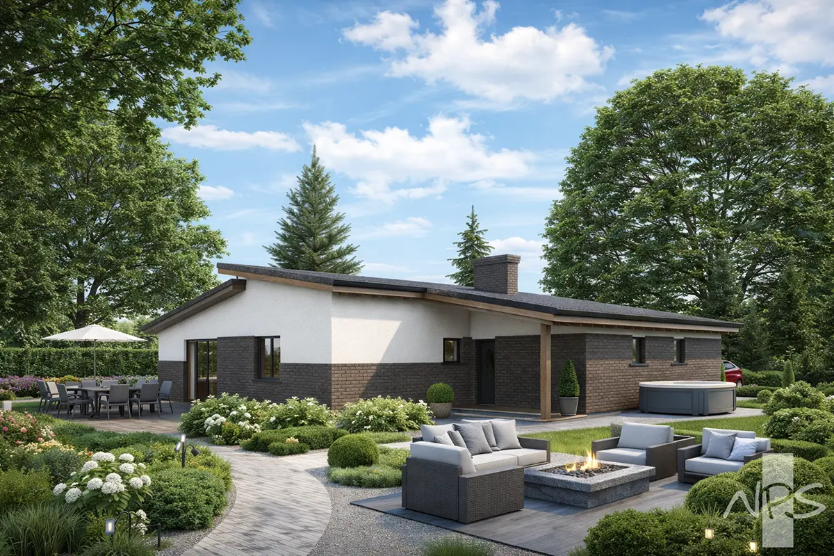 Projekt domu jednorodzinnego o pow. 157 m²: Parterowy, 3 Sypialnie, 1 Łazienki, Garaż