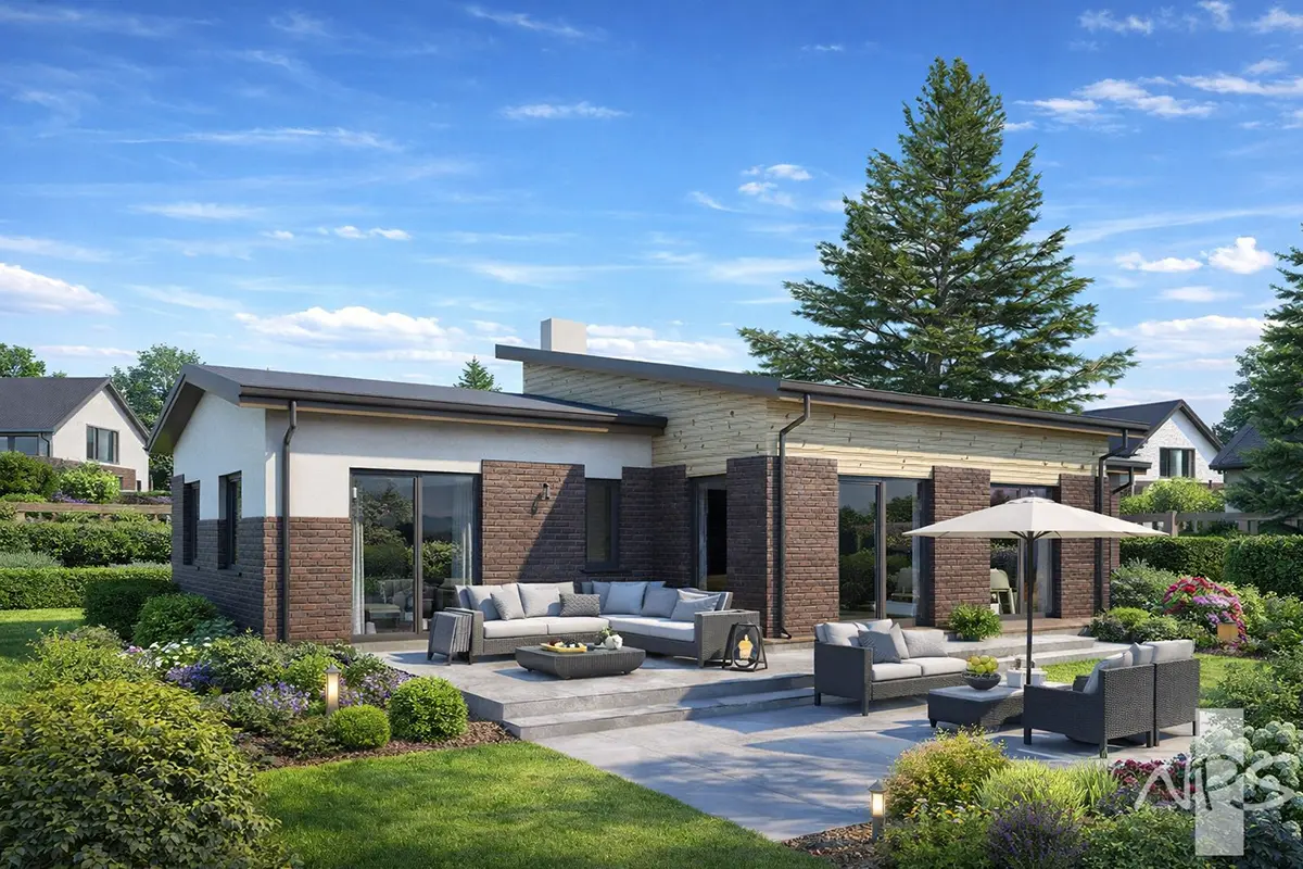 Projekt domu jednorodzinnego o pow. 143 m²: Parterowy, 3 Sypialnie, 2 Łazienki, Otwarta kuchnia