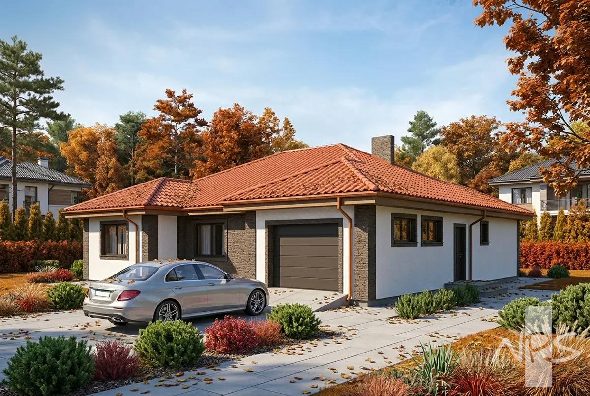 Projekt domu jednorodzinnego o pow. 161 m²: Parterowy, 3 Sypialnie, Gabinet, 2 Łazienki, Garaż