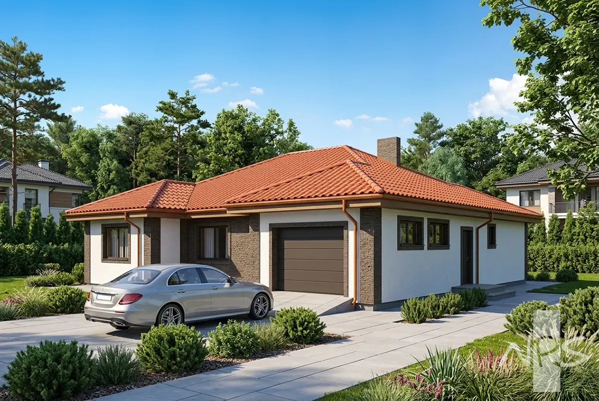 Projekt domu jednorodzinnego o pow. 161 m²: Parterowy, 3 Sypialnie, Gabinet, 2 Łazienki, Garaż