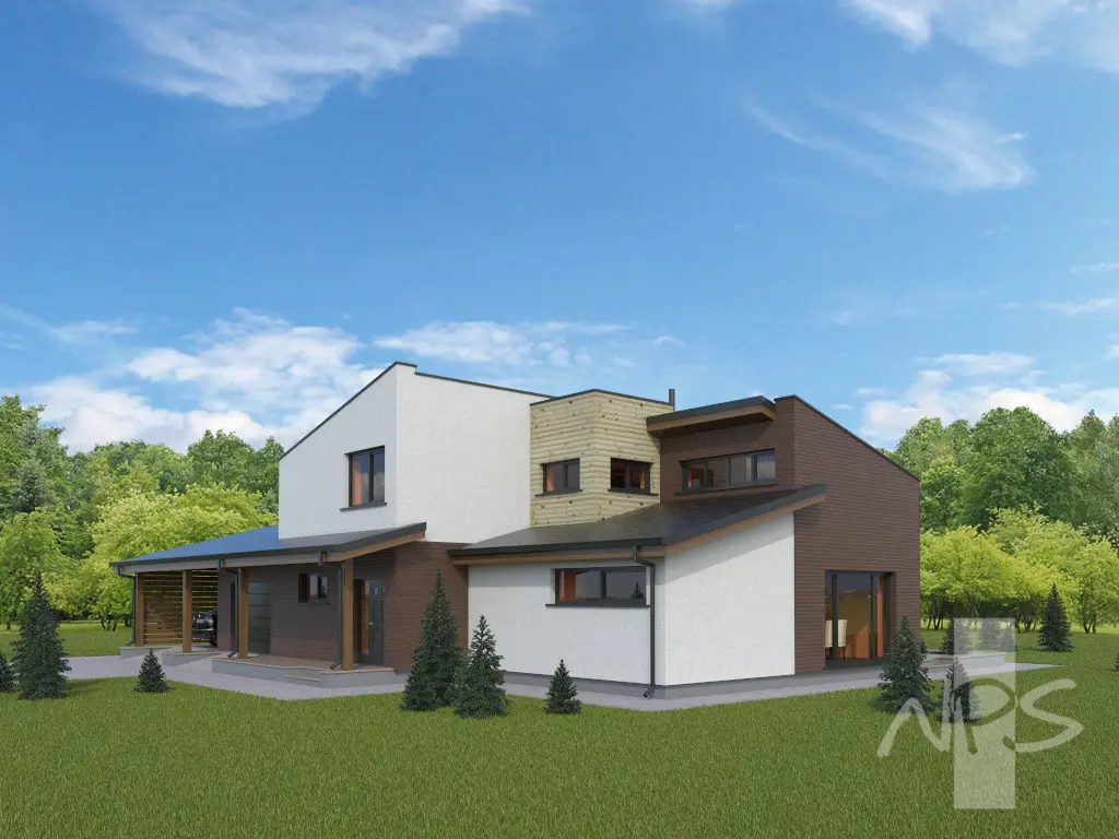 Projekt domu jednorodzinnego o pow. 215 m²: Piętrowy, 2 Sypialnie, Gabinet, 3 Łazienki, Otwarta kuchnia, Garaż