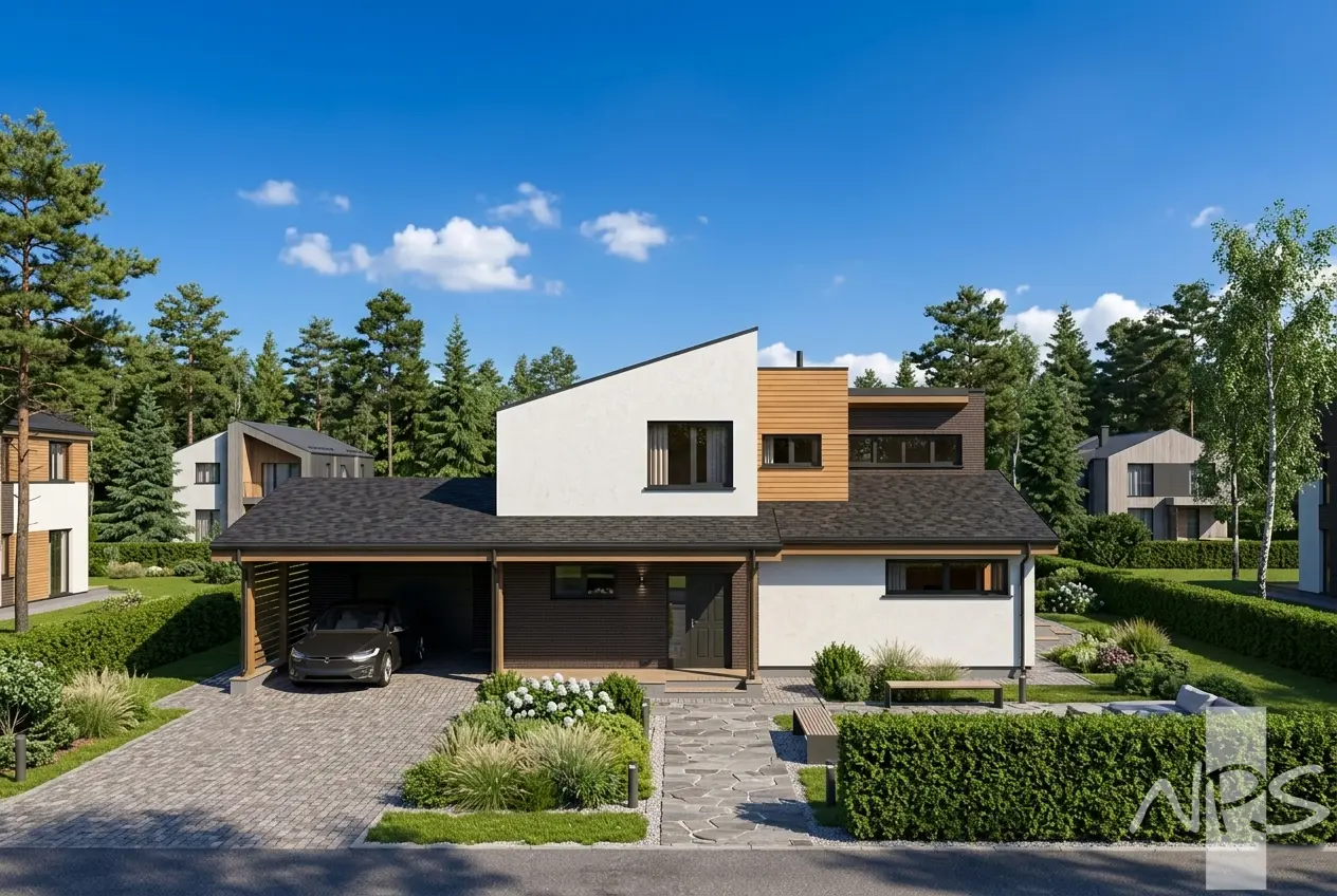 Projekt domu jednorodzinnego o pow. 215 m²: Piętrowy, 2 Sypialnie, Gabinet, 3 Łazienki, Otwarta kuchnia, Garaż