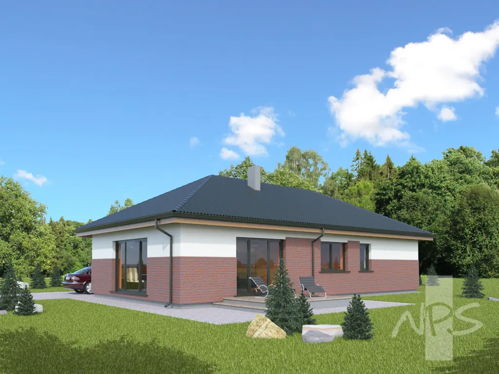 Projekt domu jednorodzinnego o pow. 135 m²: Parterowy, 3 Sypialnie, 1 Łazienki, Wiata