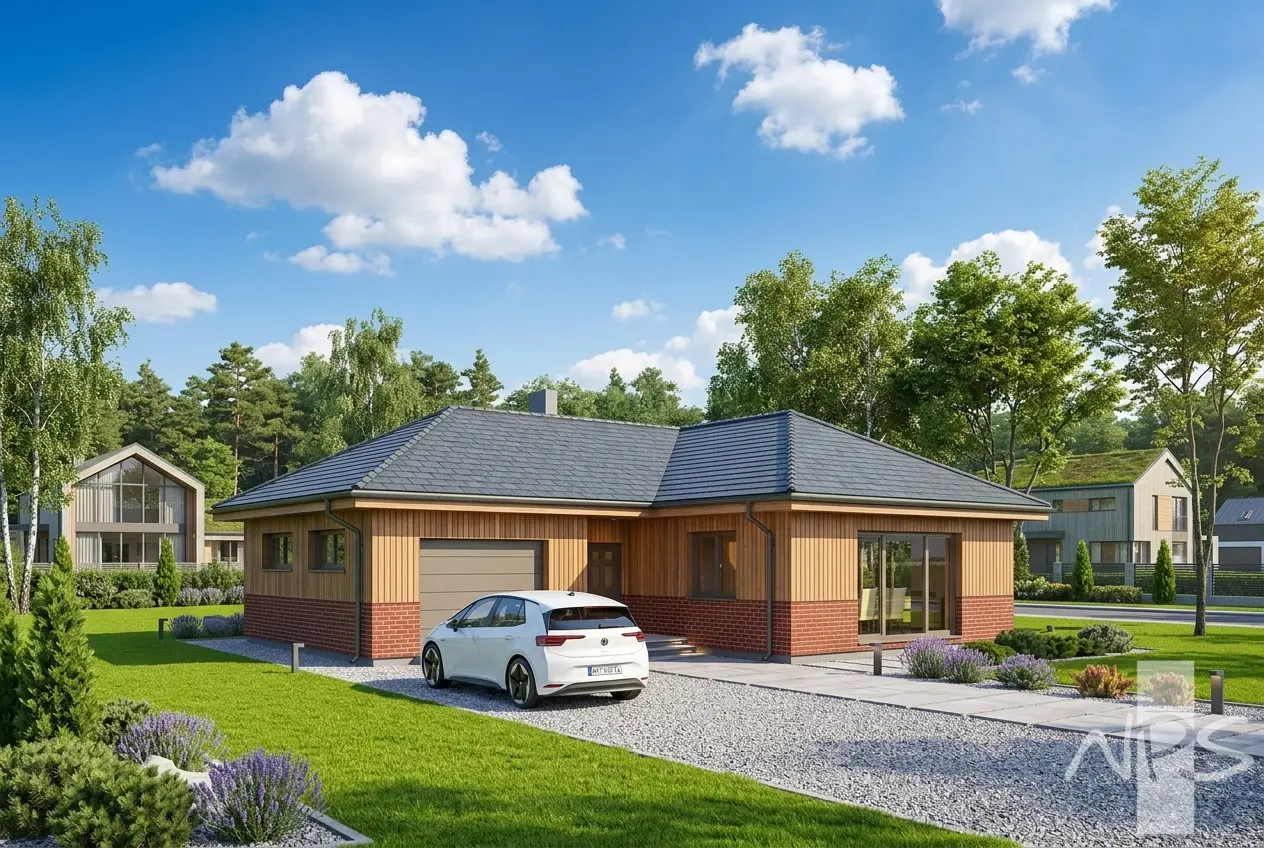 Projekt domu jednorodzinnego o pow. 133 m²: Parterowy, 3 Sypialnie, 1 Łazienki, Otwarta kuchnia, Garaż