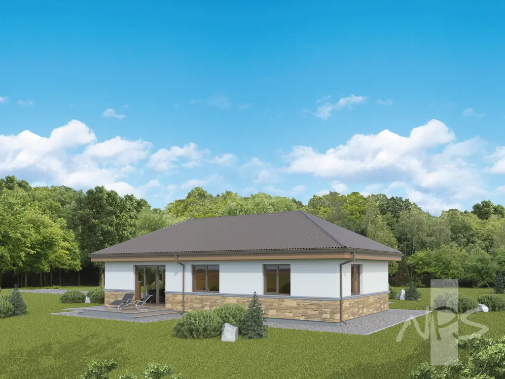 Projekt domu jednorodzinnego o pow. 135 m²: Parterowy, 3 Sypialnie, 2 Łazienki, Otwarta kuchnia, Garaż