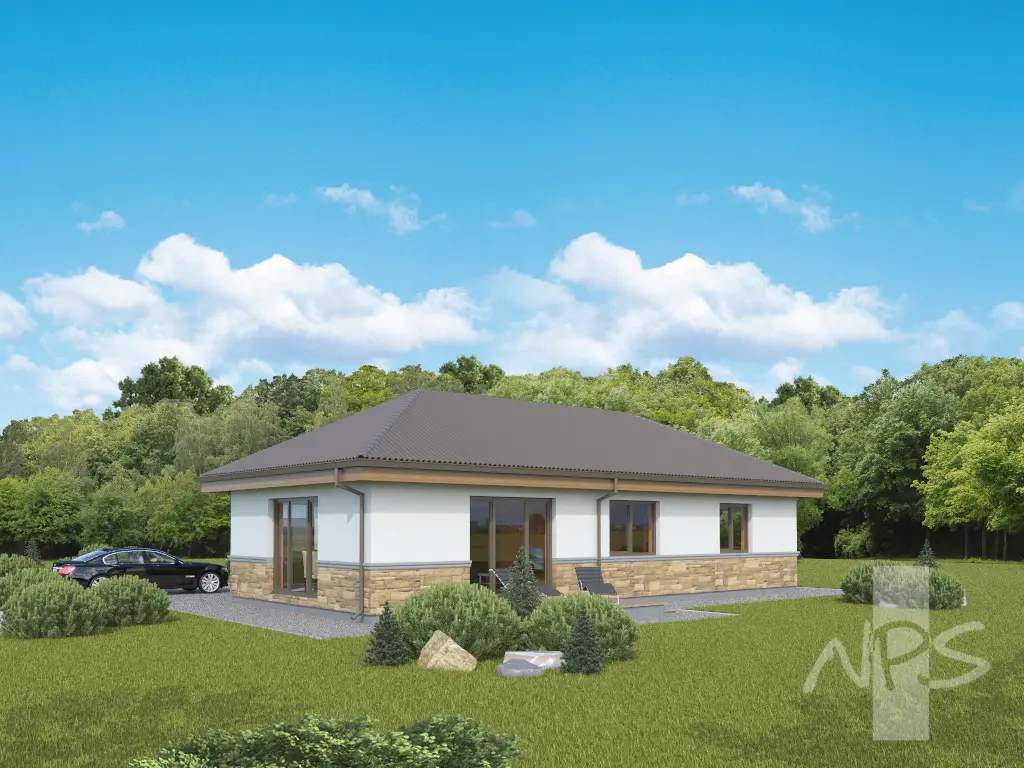 Projekt domu jednorodzinnego o pow. 135 m²: Parterowy, 3 Sypialnie, 2 Łazienki, Otwarta kuchnia, Garaż