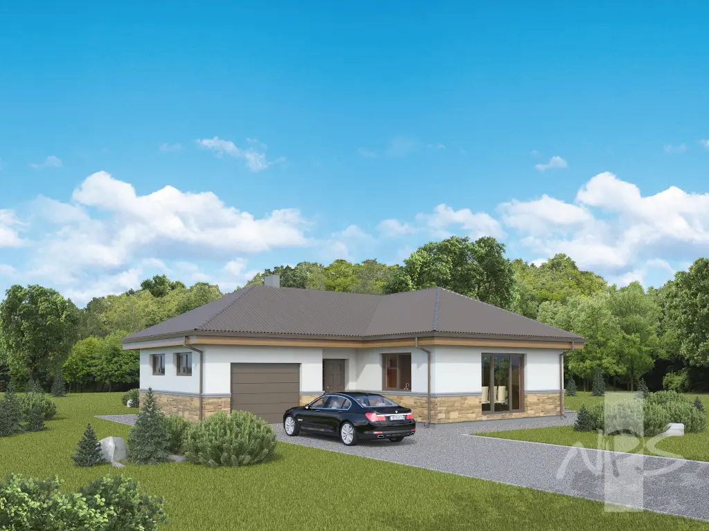 Projekt domu jednorodzinnego o pow. 135 m²: Parterowy, 3 Sypialnie, 2 Łazienki, Otwarta kuchnia, Garaż