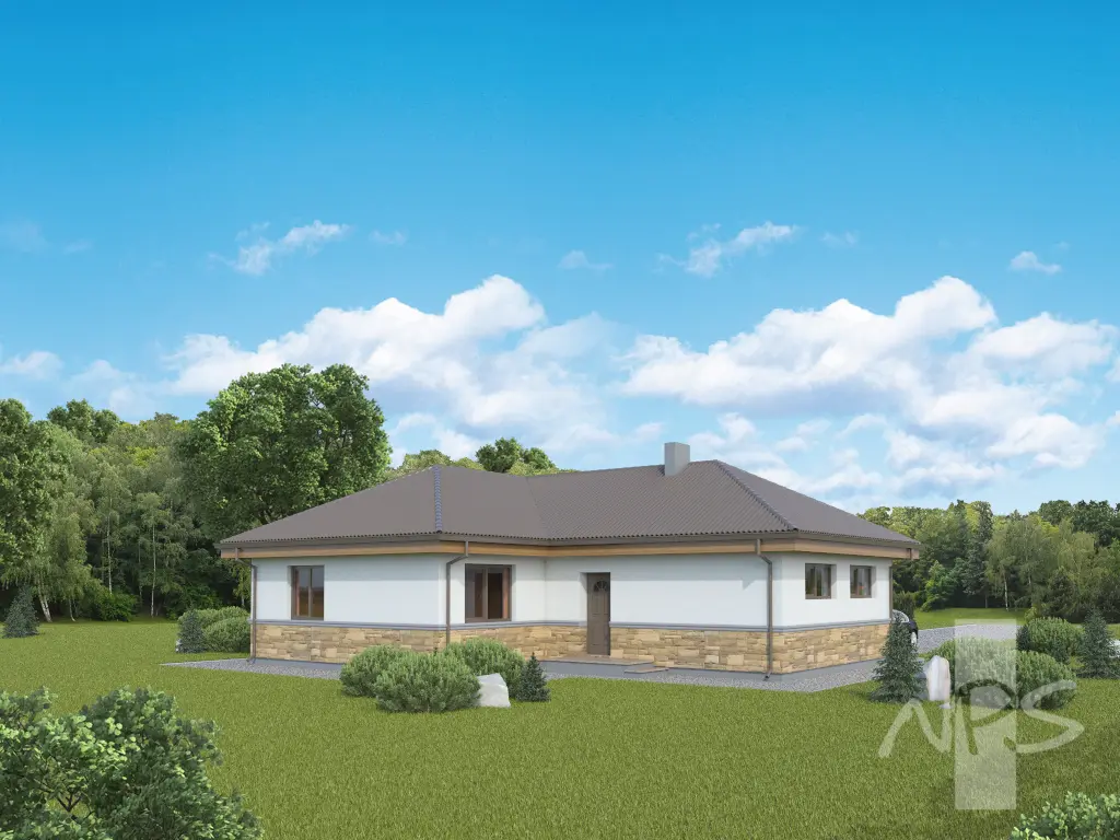 Projekt domu jednorodzinnego o pow. 135 m²: Parterowy, 3 Sypialnie, 2 Łazienki, Otwarta kuchnia, Garaż