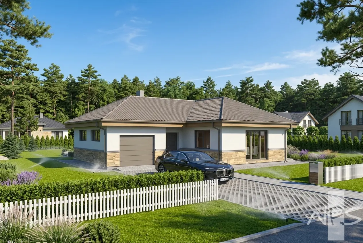 Projekt domu jednorodzinnego o pow. 135 m²: Parterowy, 3 Sypialnie, 2 Łazienki, Otwarta kuchnia, Garaż