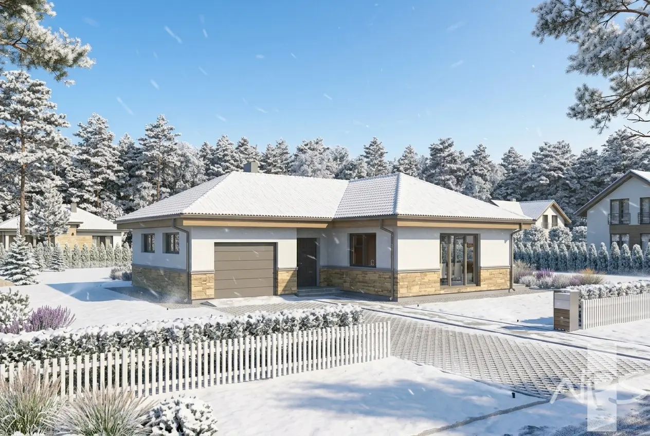 Projekt domu jednorodzinnego o pow. 135 m²: Parterowy, 3 Sypialnie, 2 Łazienki, Otwarta kuchnia, Garaż