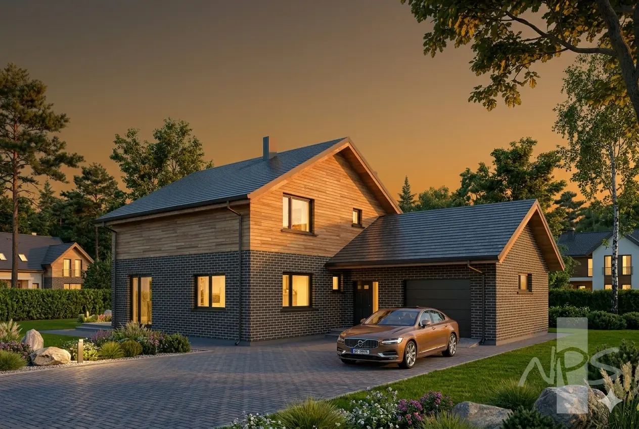 Projekt domu jednorodzinnego o pow. 195 m²: Parterowy z poddaszem użytkowym, 3 Sypialnie, Gabinet, 2 Łazienki, Otwarta kuchnia, Garaż