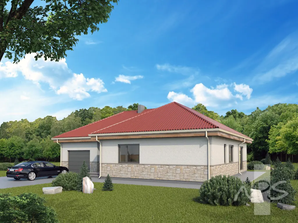 Projekt domu jednorodzinnego o pow. 144 m²: Parterowy, 2 Sypialnie, 2 Łazienki, Otwarta kuchnia, Garaż