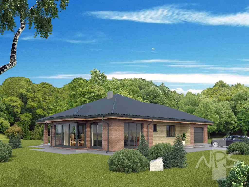 Projekt domu jednorodzinnego o pow. 159 m²: Parterowy, 3 Sypialnie, 2 Łazienki, Otwarta kuchnia, Garaż