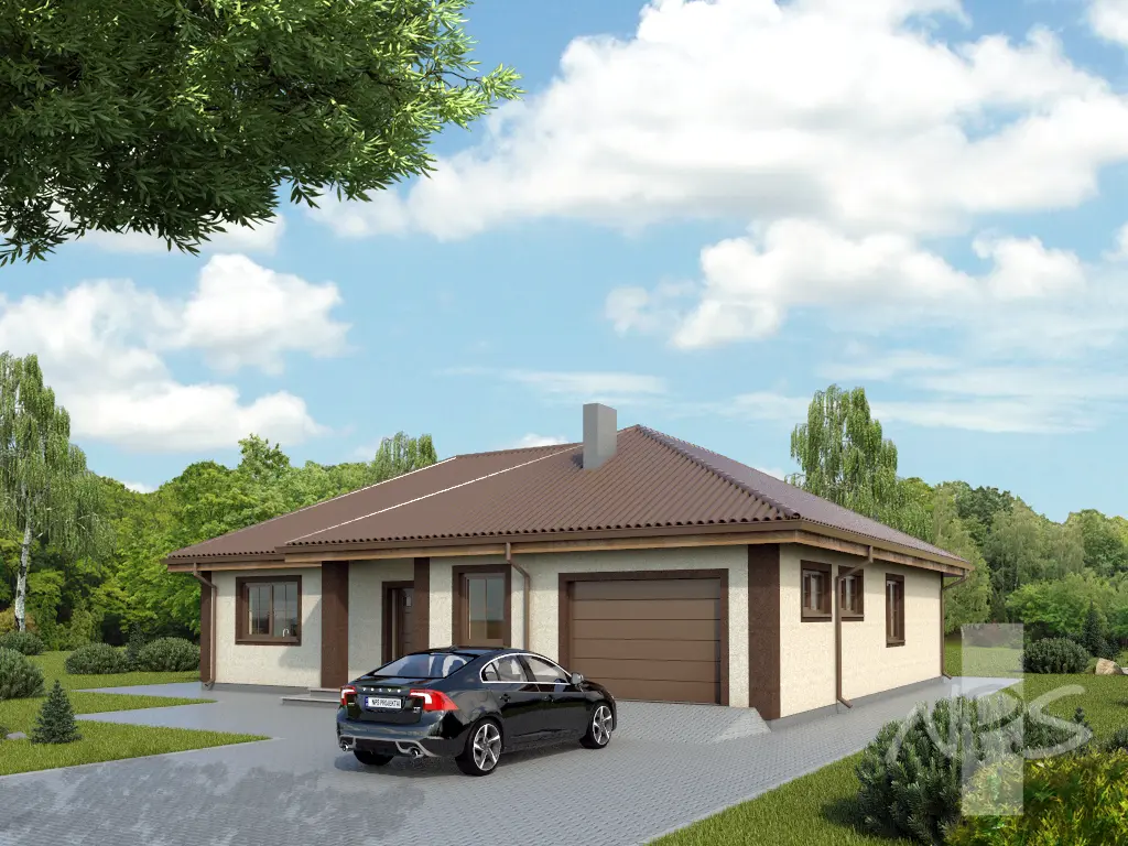 Projekt domu jednorodzinnego o pow. 146 m²: Parterowy, 3 Sypialnie, 1 Łazienki, Otwarta kuchnia, Garaż