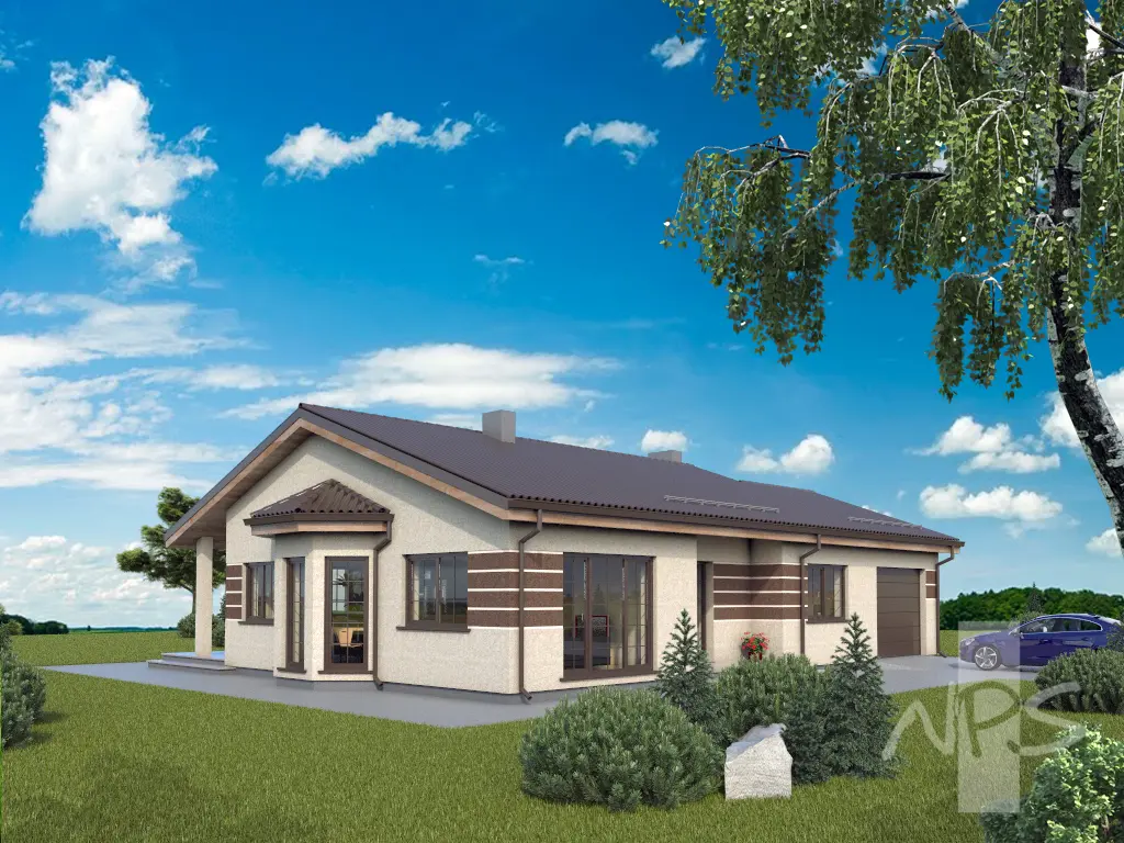 Projekt domu jednorodzinnego o pow. 151 m²: Parterowy, 3 Sypialnie, 2 Łazienki, Otwarta kuchnia, Garaż