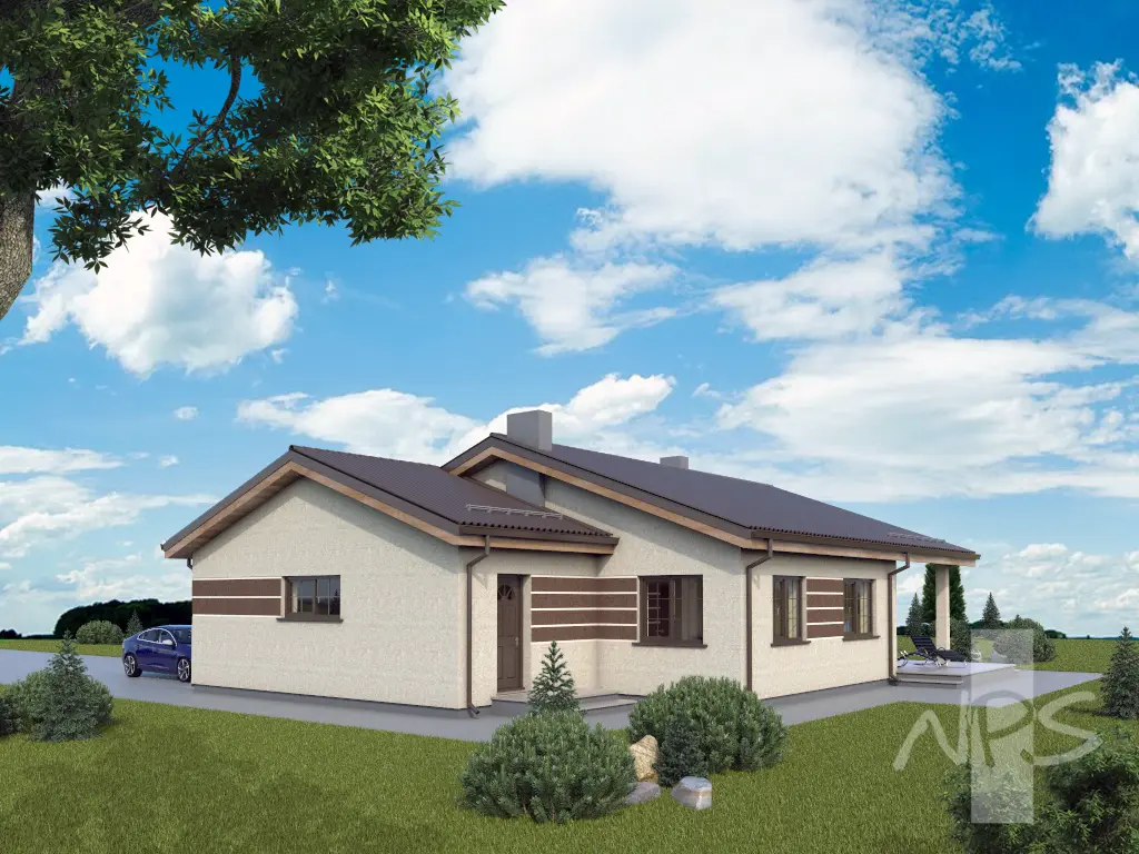 Projekt domu jednorodzinnego o pow. 151 m²: Parterowy, 3 Sypialnie, 2 Łazienki, Otwarta kuchnia, Garaż