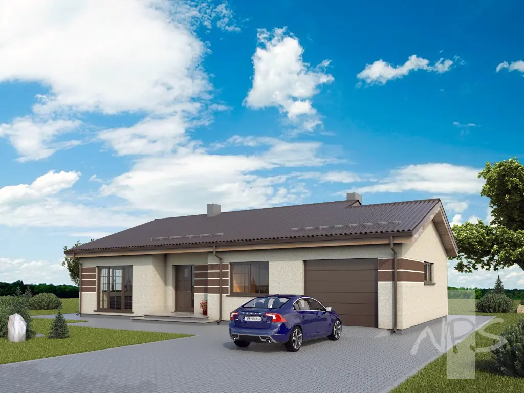 Projekt domu jednorodzinnego o pow. 151 m²: Parterowy, 3 Sypialnie, 2 Łazienki, Otwarta kuchnia, Garaż