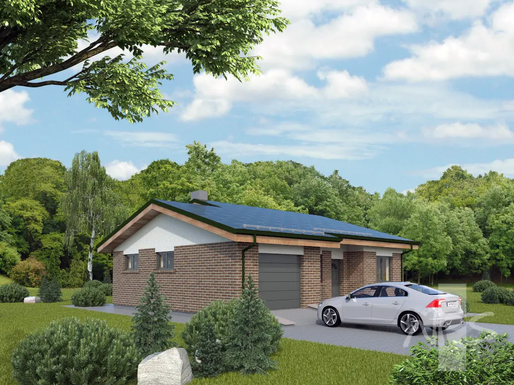 Projekt domu jednorodzinnego o pow. 120 m²: Parterowy, 2 Sypialnie, Gabinet, 1 Łazienki, Garaż