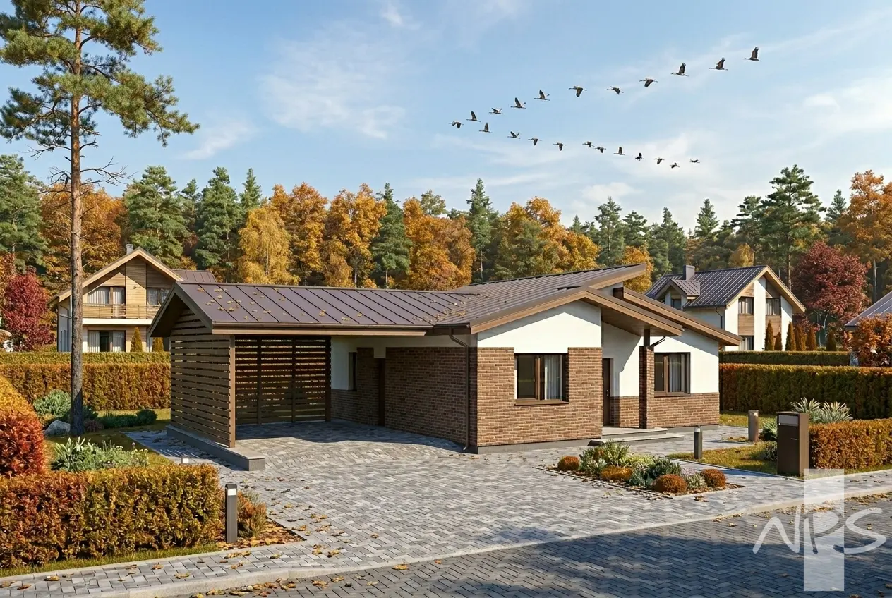 Projekt domu jednorodzinnego o pow. 112 m²: Parterowy, 3 Sypialnie, 1 Łazienki, Wiata